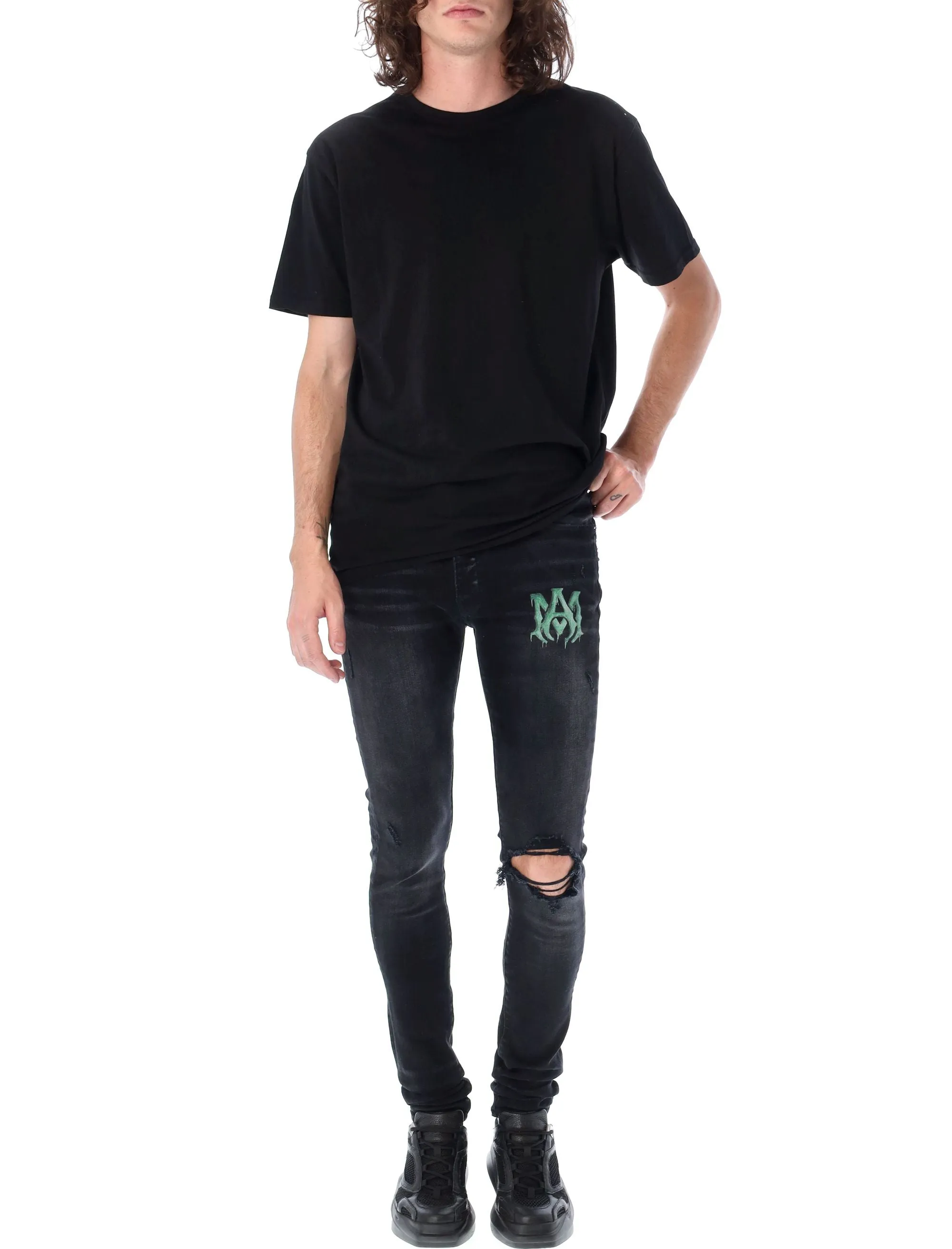 Amiri Logo Detailed Distressed Skinny Jeans