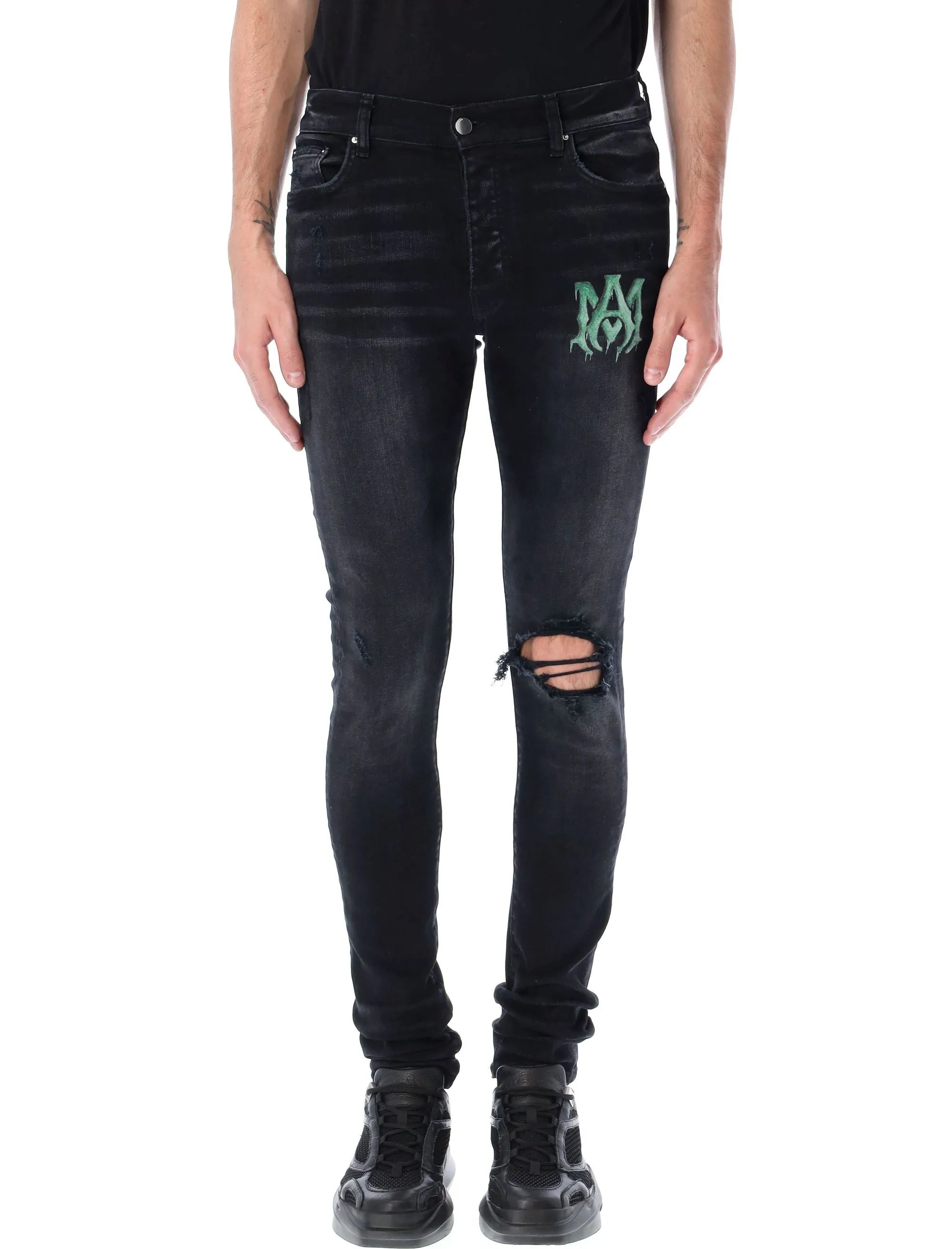 Amiri Logo Detailed Distressed Skinny Jeans