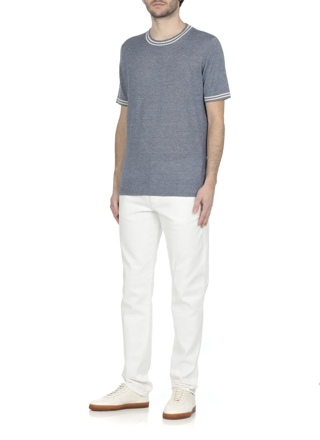 Brunello Cucinelli Stripe-Trim Fine Knit Crewneck T-Shirt