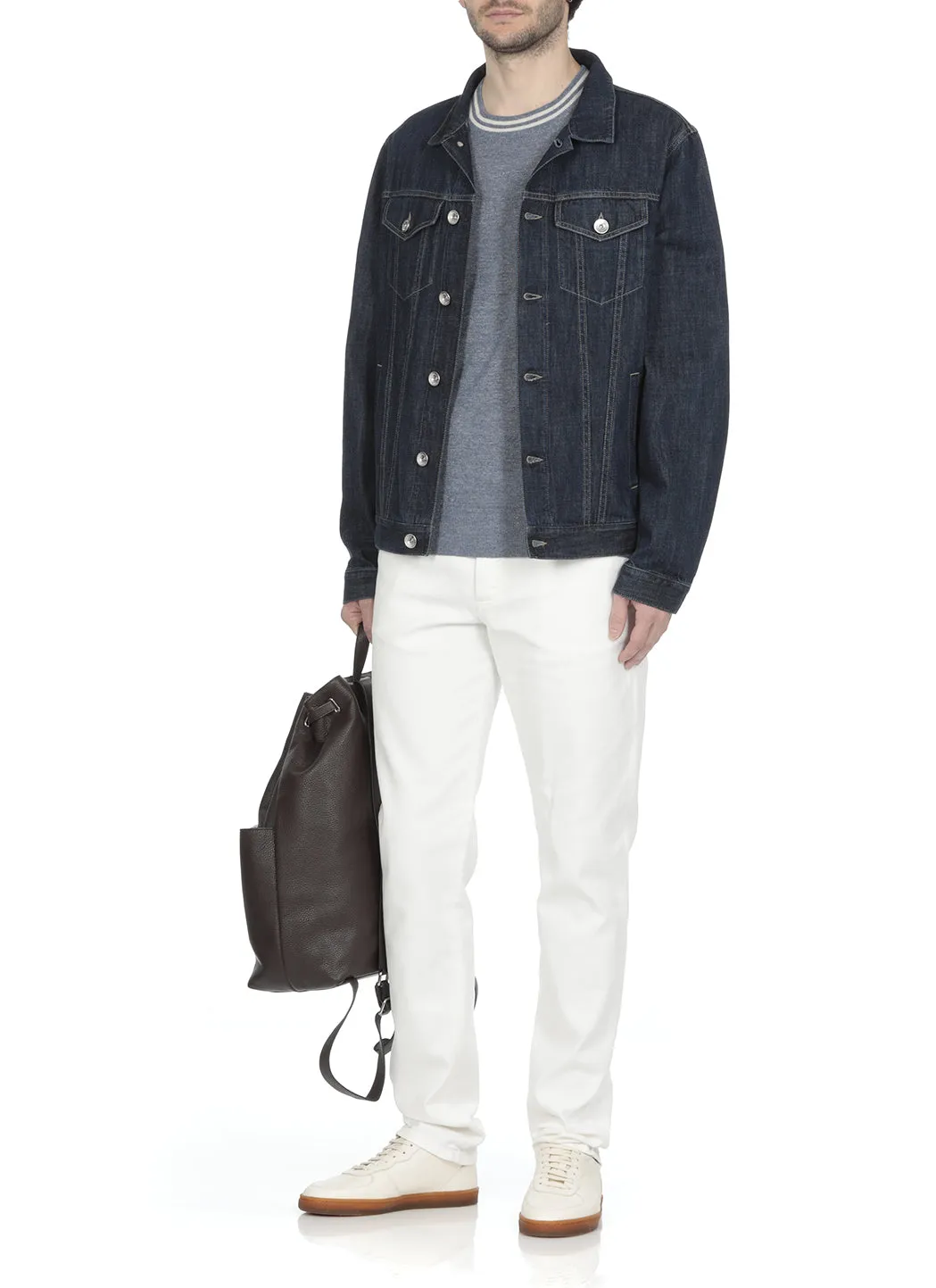 Brunello Cucinelli Stripe-Trim Fine Knit Crewneck T-Shirt