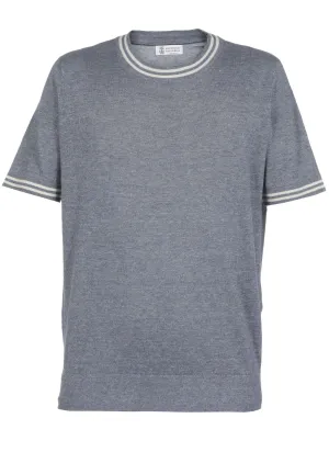 Brunello Cucinelli Stripe-Trim Fine Knit Crewneck T-Shirt