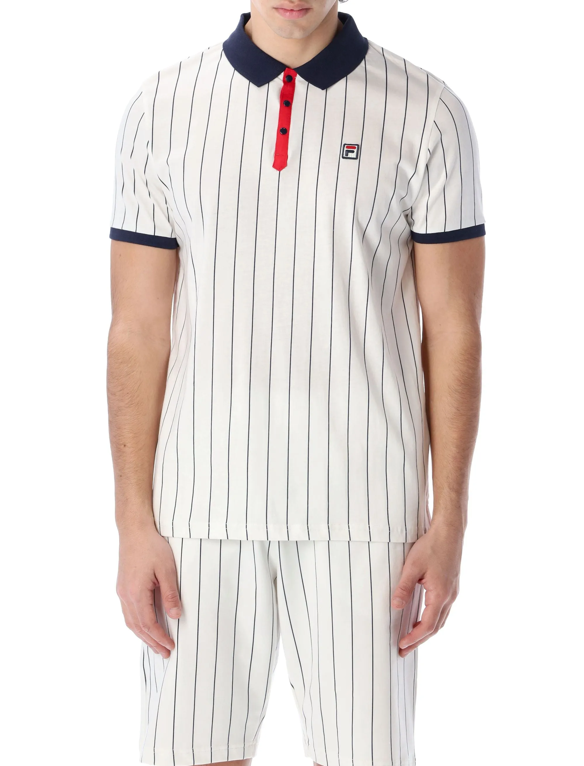 Fila Pinstripe Logo Embroidered Short Sleeved Polo Shirt