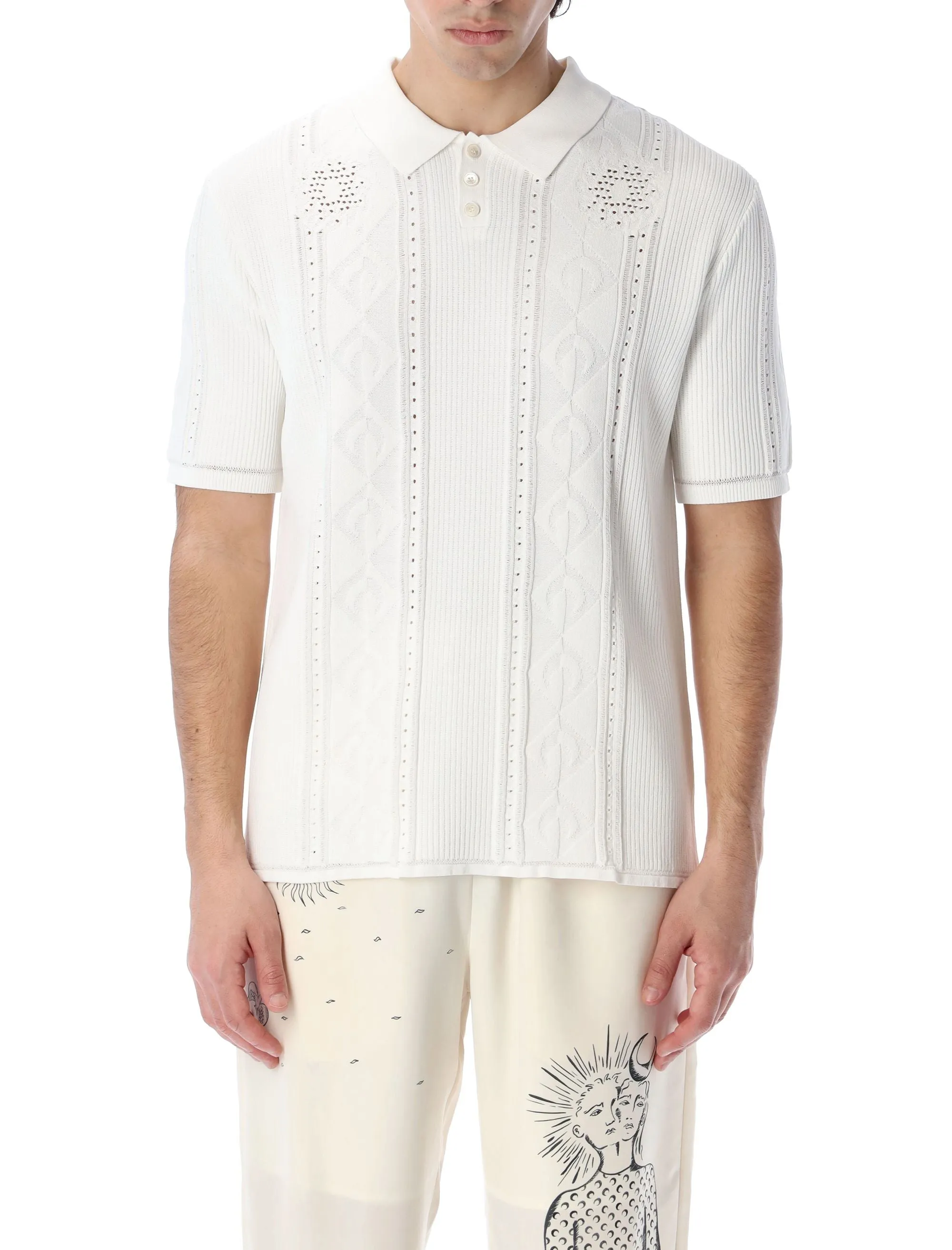 Marine Serre Pointelle Knit Short-Sleeved Polo Shirt