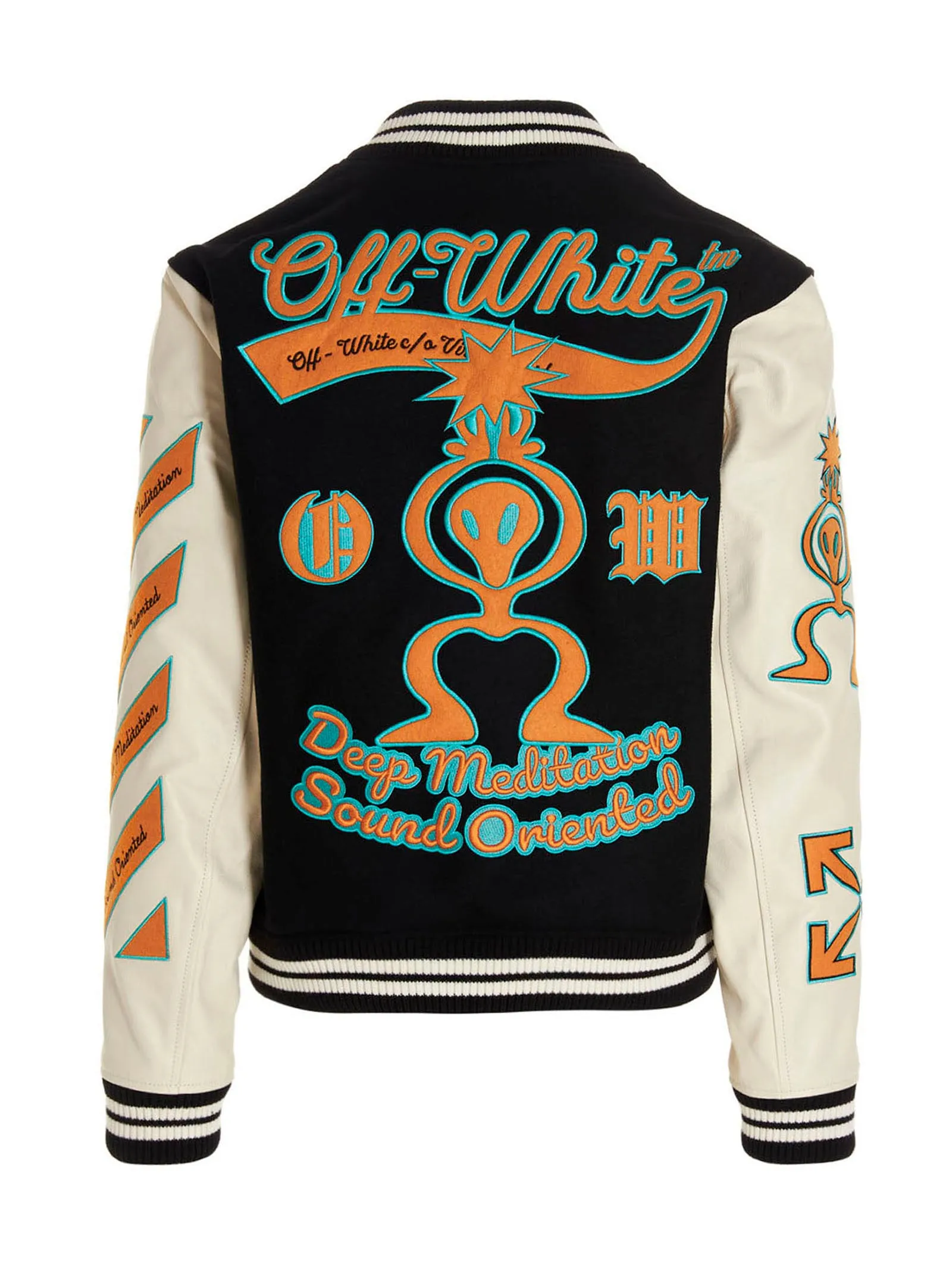 Off-White Logo Patches Stripe Trim Varsity Jacket