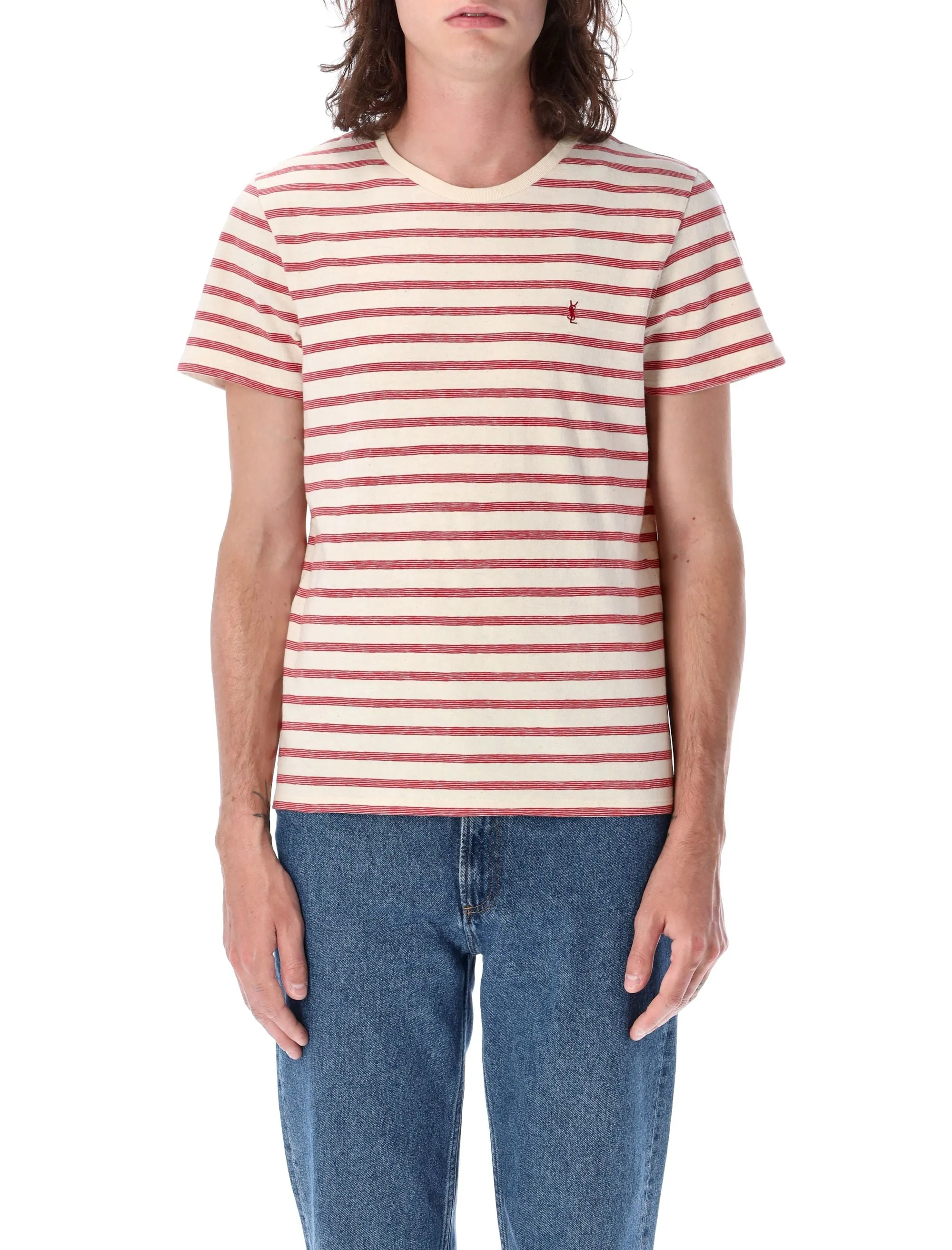 Saint Laurent Logo Detailed Striped T-Shirt