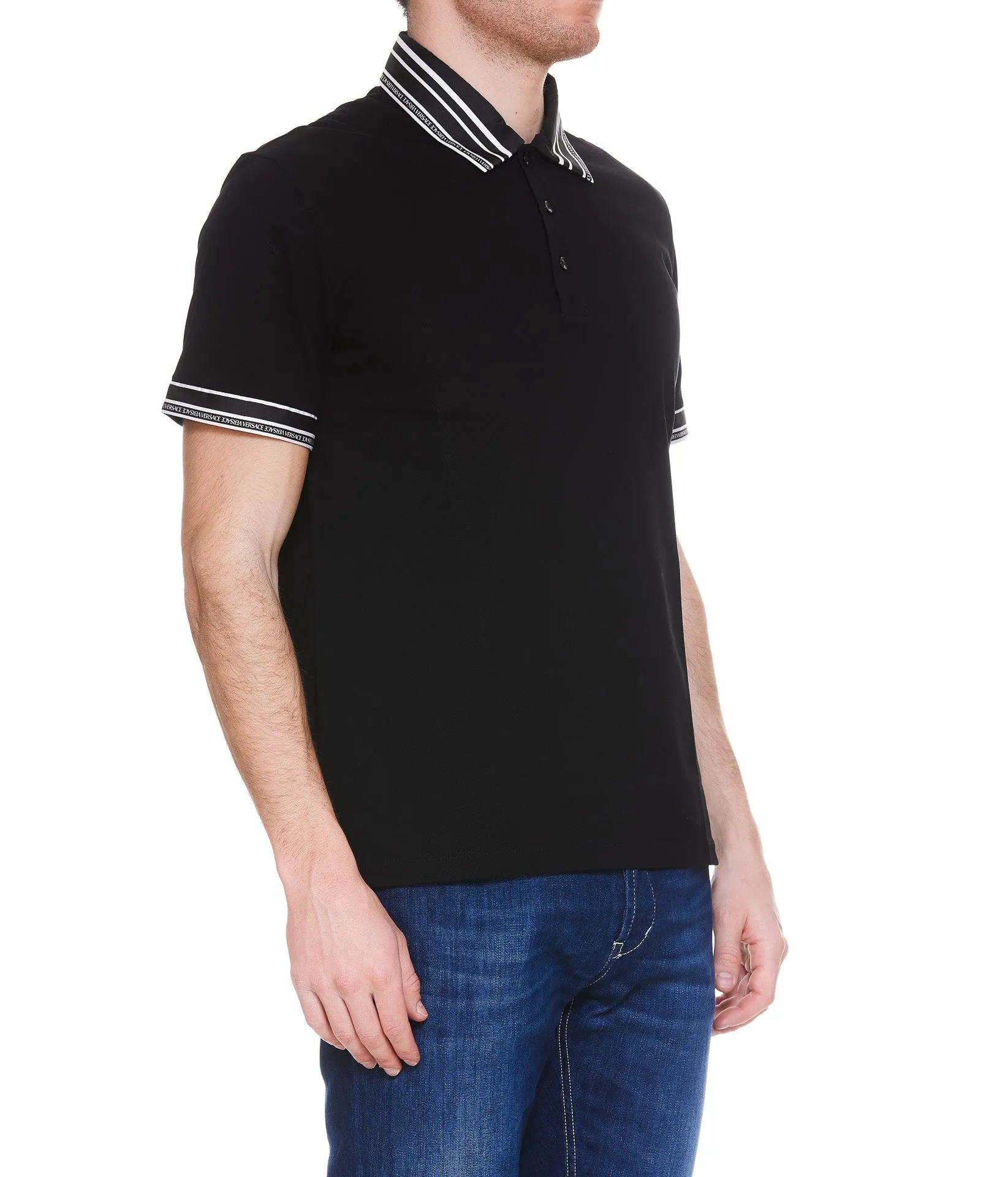 Versace Striped-Edge Short-Sleeved Polo Shirt